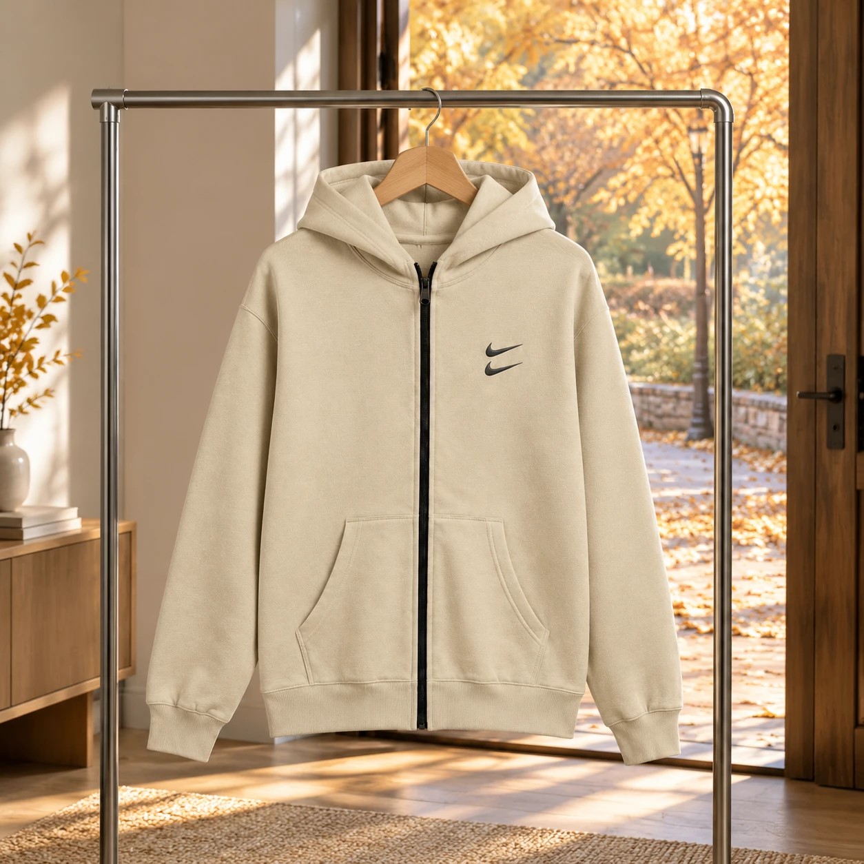 سویشرت دورس کلاهدار مردانه نایکی مدل Double Nike کرم