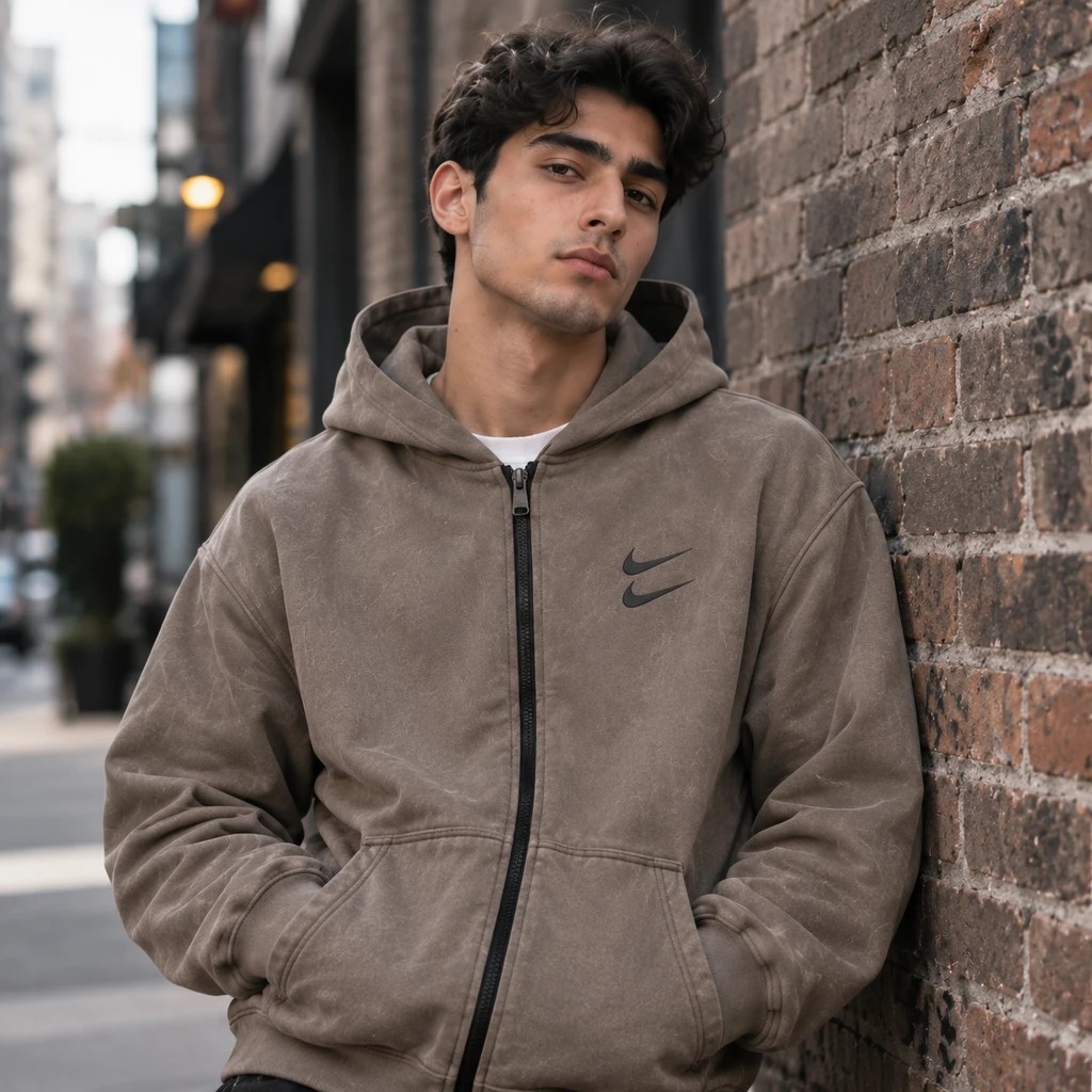 سویشرت دورس کلاهدار مردانه نایکی مدل Double Nike خاکی