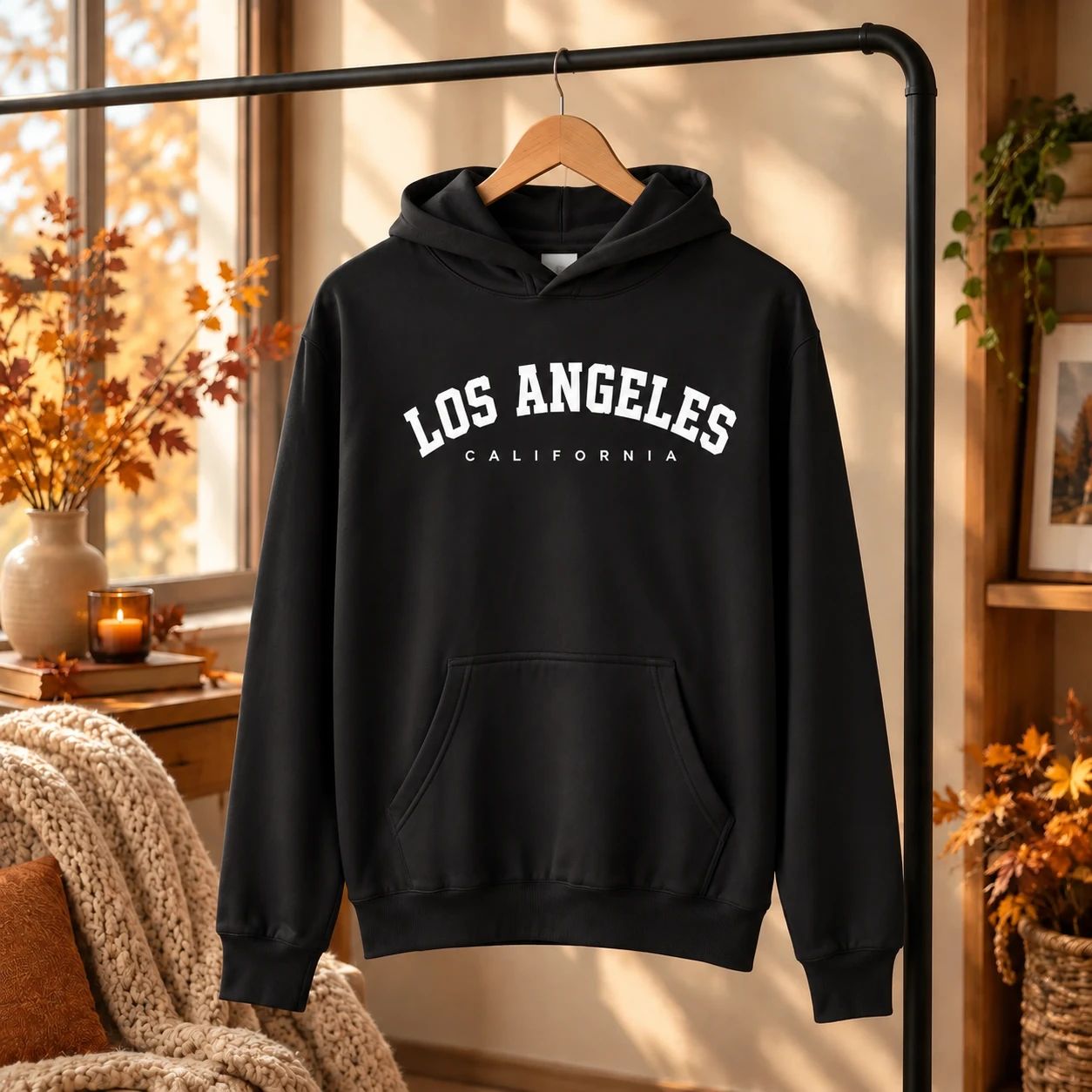 هودی کلاهدار جیب دار مردانه زنانه مدل Los Angeles مشکی