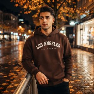 هودی کلاهدار جیب دار مردانه زنانه مدل Los Angeles قهوه ای