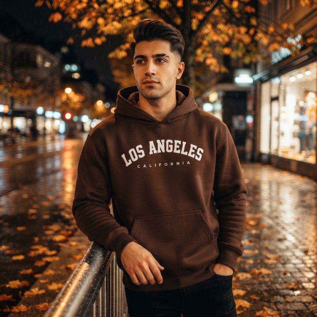 هودی کلاهدار جیب دار مردانه زنانه مدل Los Angeles قهوه ای