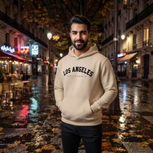 هودی کلاهدار جیب دار مردانه زنانه مدل Los Angeles کرم