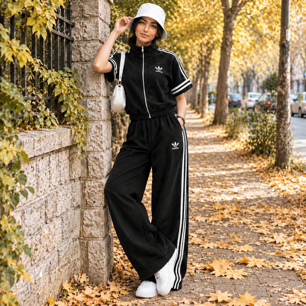 ست وست شلوار زنانه مخمل کبریتی ادیداس مدل raha مشکی