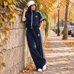 ست وست شلوار زنانه مخمل کبریتی ادیداس مدل raha سرمه ای