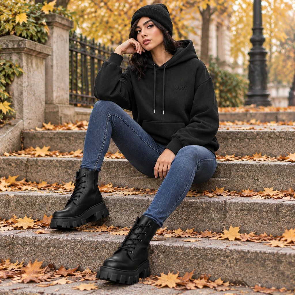 پکیج هودی کلاهدار جیب دار مدل zaraka نیم بوت زنانه مشکی مدل roxana