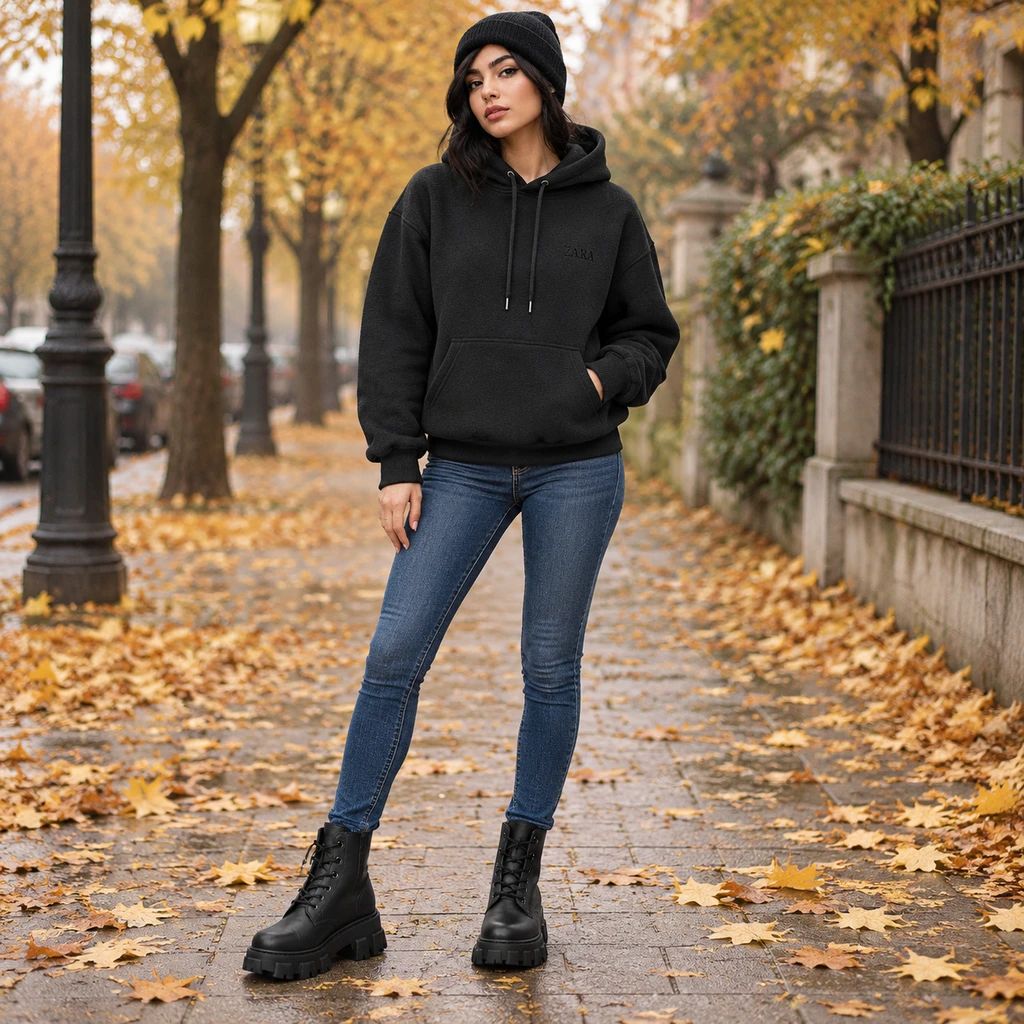 پکیج هودی کلاهدار جیب دار مدل zaraka نیم بوت زنانه مشکی مدل roxana