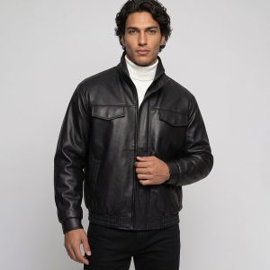 کاپشن مردانه باکسی ساده چرم مصنوعی مشکی مدل 51394
