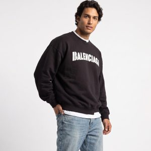 بلوز یقه گرد مردانه باکسی طرحدار سه نخ پنبه مشکی Balenciaga مدل 51424
