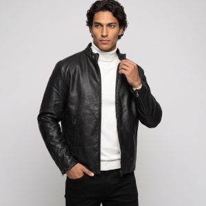 کاپشن مردانه باکسی ساده چرم مصنوعی مشکی مدل 51395