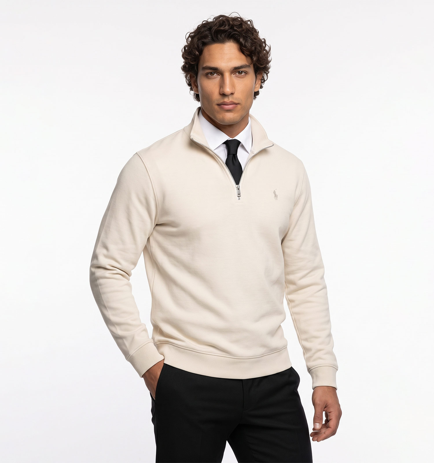 بلوز یقه نیم زیپ مردانه نرمال ساده سلانیک شیری Polo مدل 51388