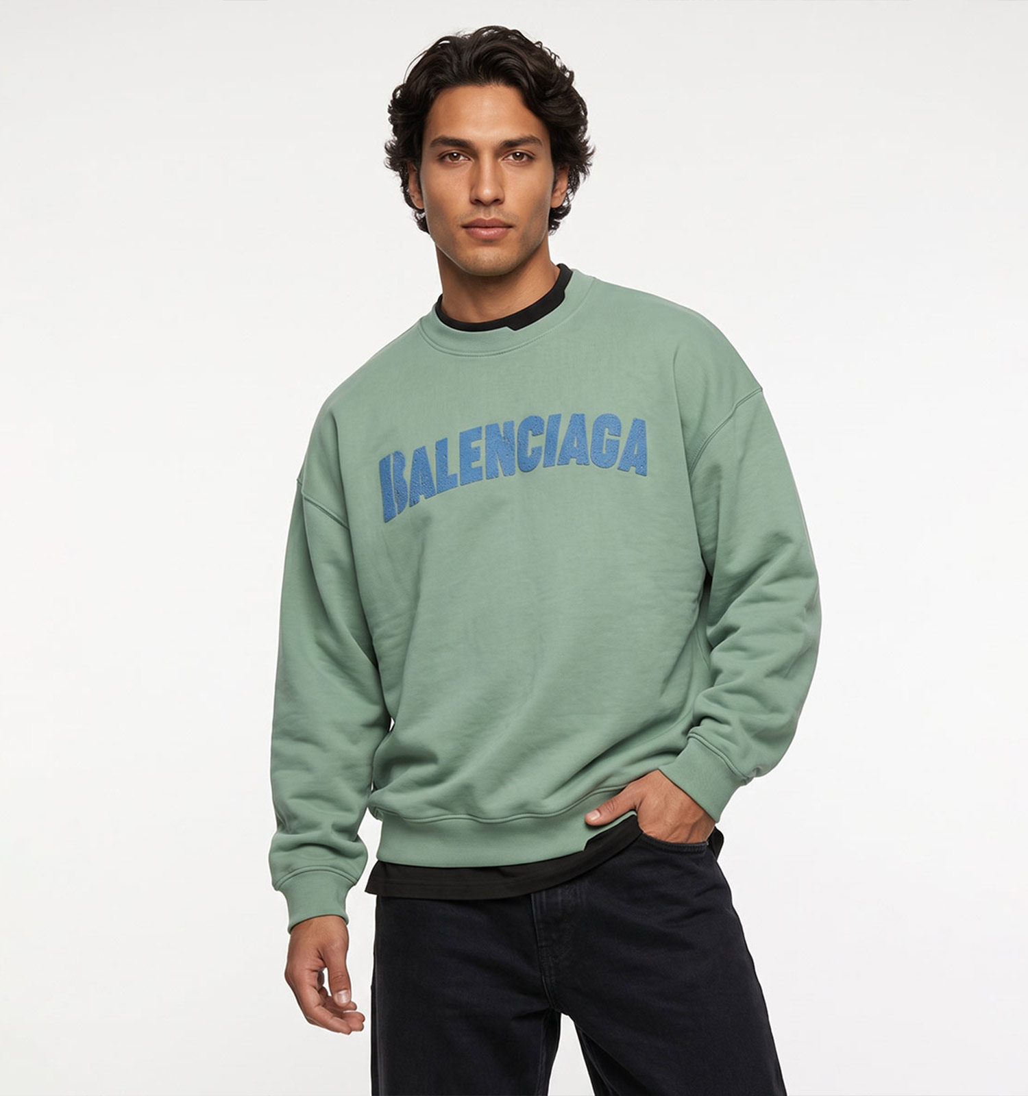 بلوز یقه گرد مردانه باکسی طرحدار سه نخ پنبه سبز Balenciaga مدل 51425