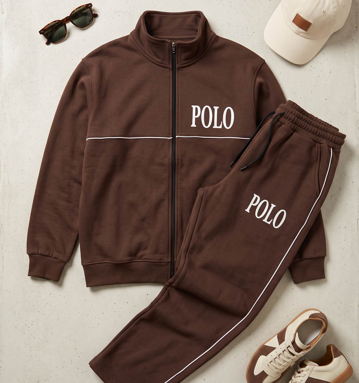 ست سویشرت شلوار مردانه باکسی طرحدار اسپان قهوه ای تیره Polo مدل 51494