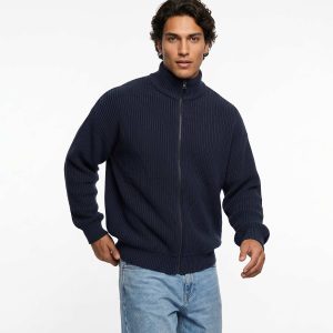بافت زیپ دار مردانه لش ساده پشم پلی استر سرمه ای مدل 51612