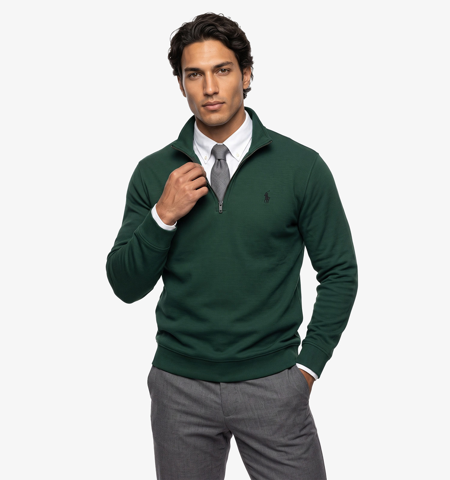 بلوز یقه نیم زیپ مردانه نرمال ساده سلانیک سبز Polo مدل 51393
