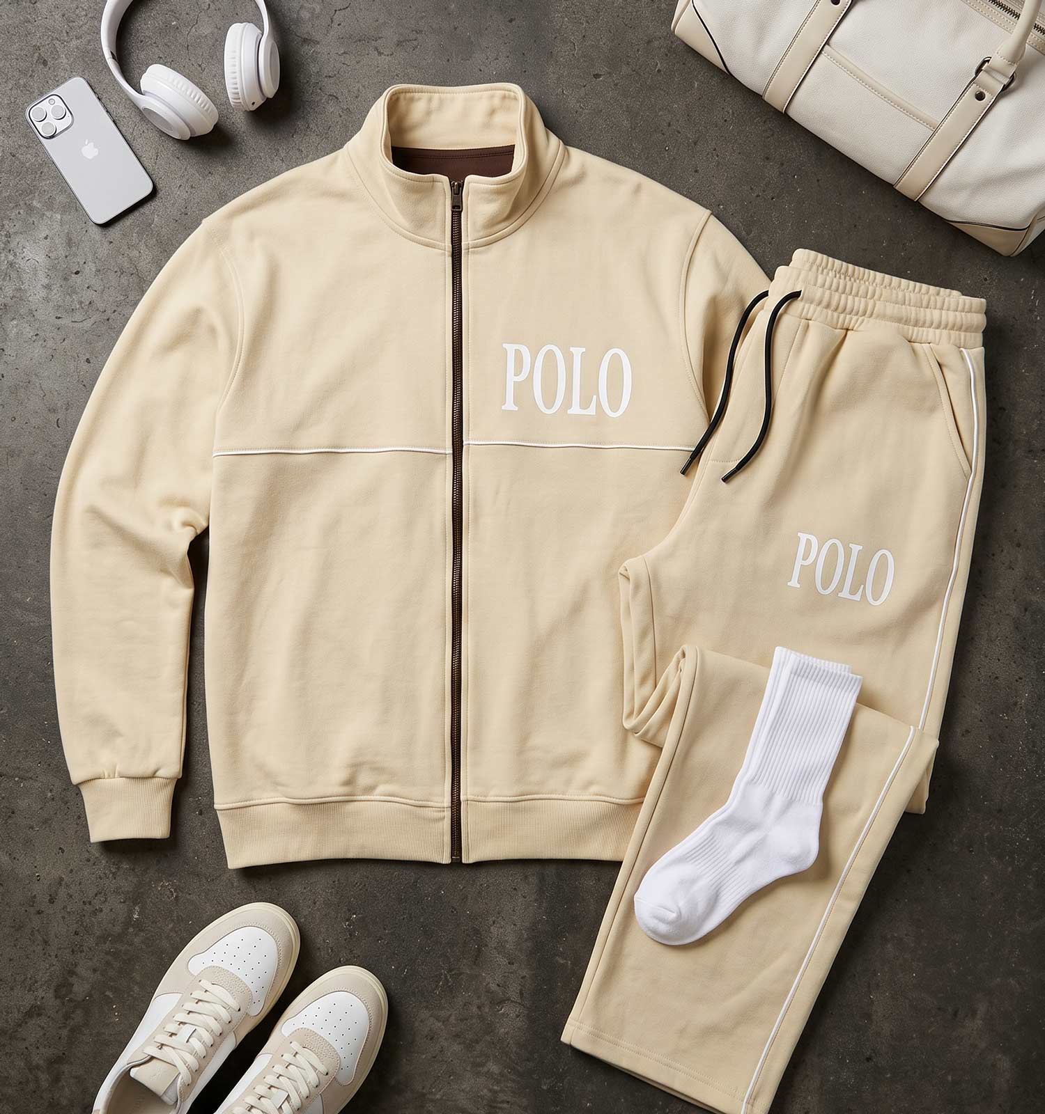 ست سویشرت شلوار مردانه باکسی طرحدار اسپان کرم Polo مدل 51492