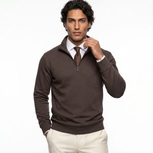 بلوز یقه نیم زیپ مردانه نرمال ساده سلانیک قهوه ای Polo مدل 51390