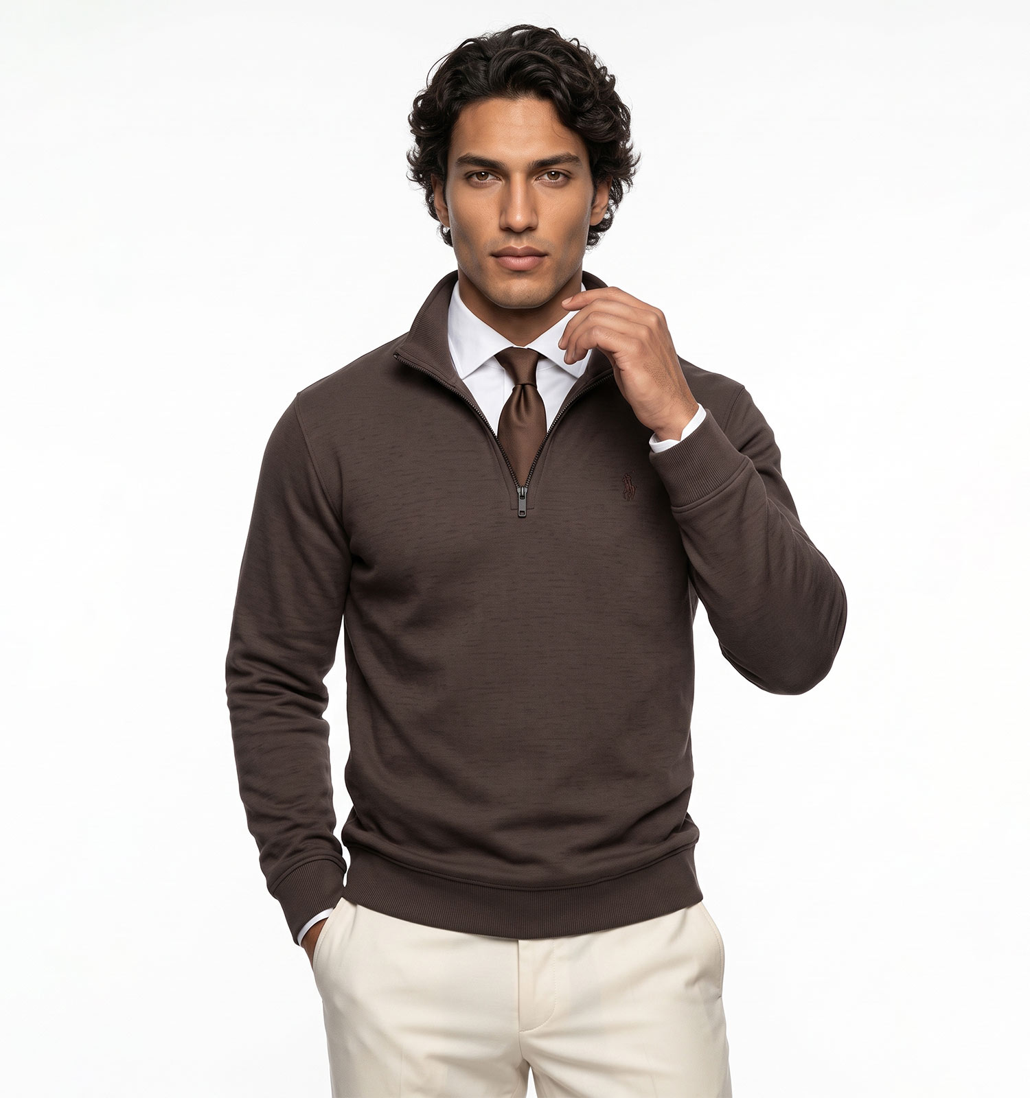 بلوز یقه نیم زیپ مردانه نرمال ساده سلانیک قهوه ای Polo مدل 51390