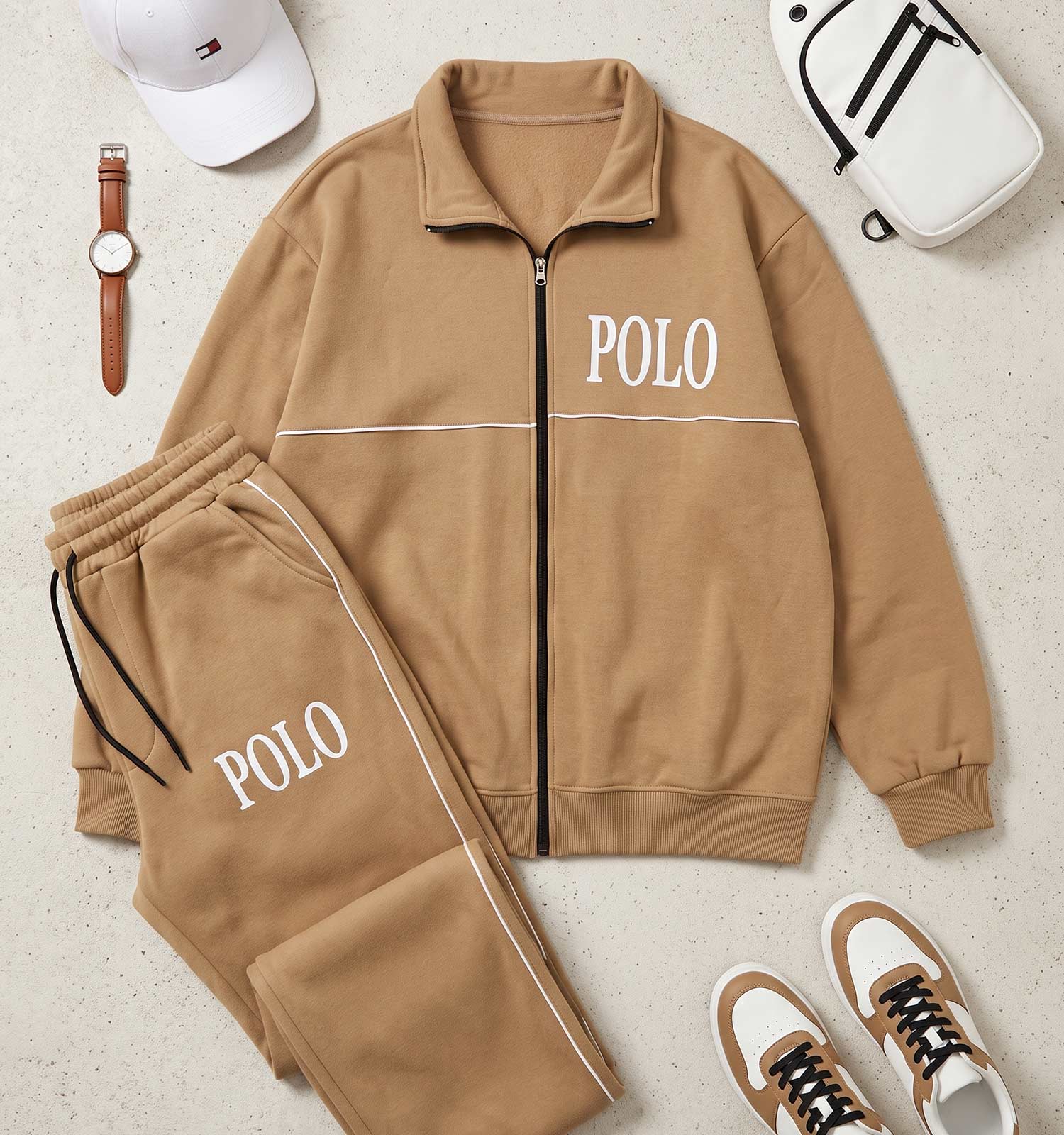 ست سویشرت شلوار مردانه باکسی طرحدار اسپان قهوه ای روشن Polo مدل 51491