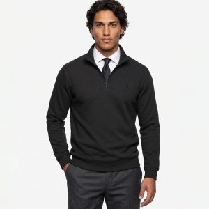 بلوز یقه نیم زیپ مردانه نرمال ساده سلانیک مشکی Polo مدل 51392